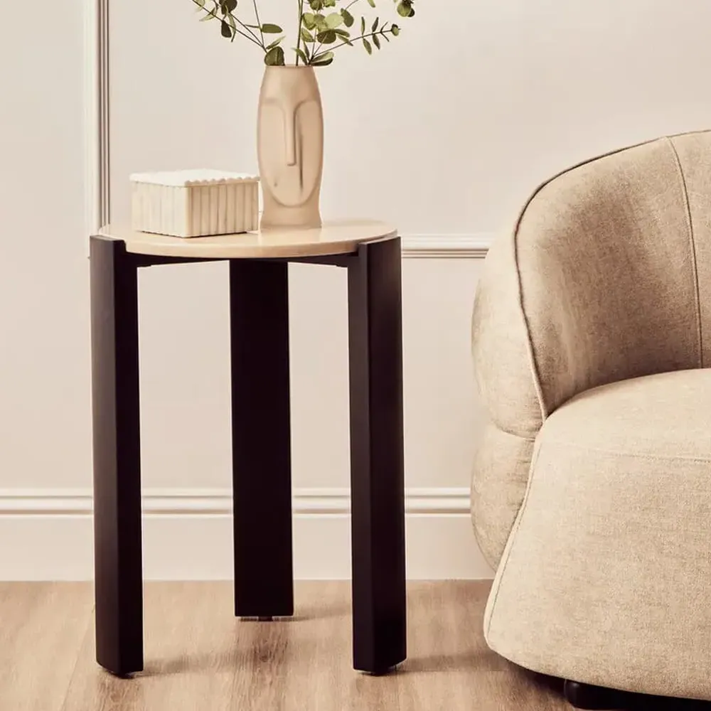 Paramus Round Side Table - Cream Marble, Acacia Wood image