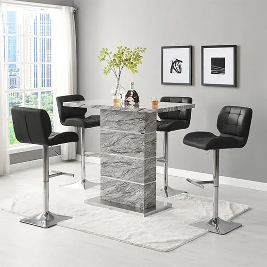 Parini Bar Table Set with 4 Candid Stools - Marble Effect, Black
