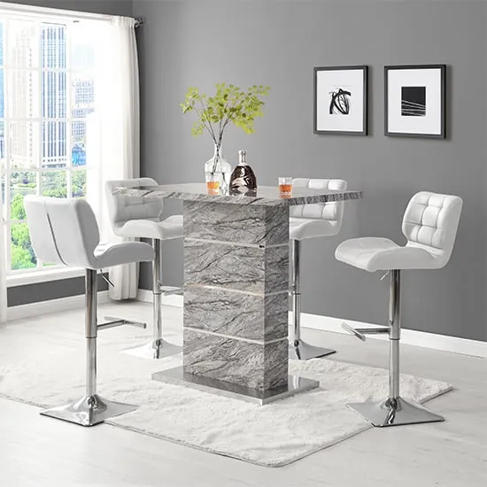 Parini Bar Table Set with 4 Candid Stools - Marble Effect, White