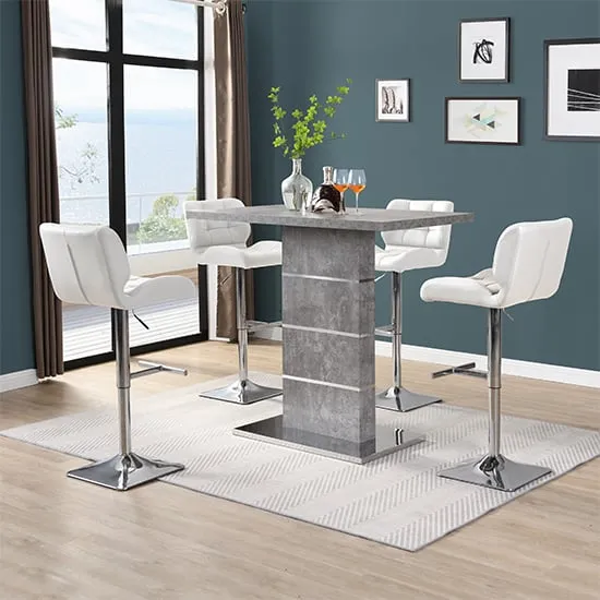 Parini Bar Table Set with 4 Candid White Stools - Concrete Effect