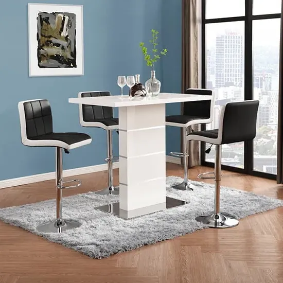 Parini Bar Table Set with 4 Copez Black White Stools - White Gloss