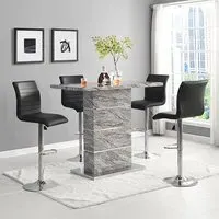 Parini Bar Table Set with 4 Ripple Black Stools - Marble Effect