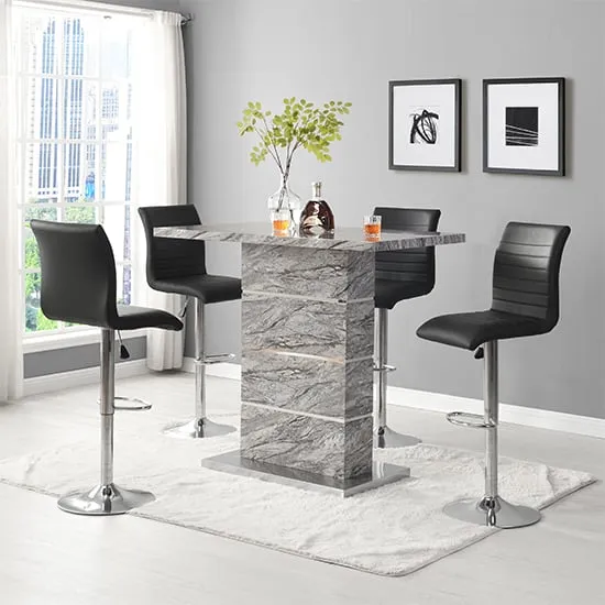 Parini Bar Table Set with 4 Ripple Black Stools - Marble Effect