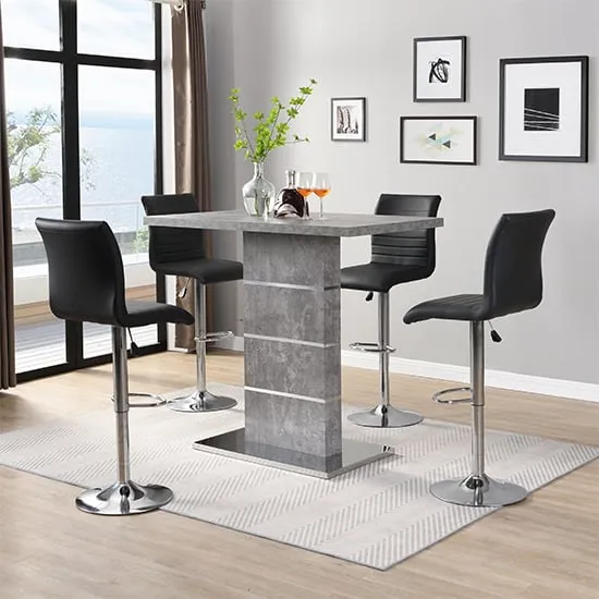 Parini Bar Table Set with 4 Ripple Stools - Concrete Effect, Black