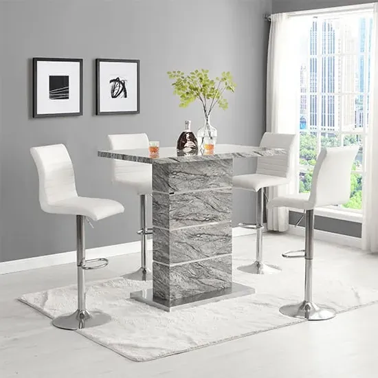 Parini Bar Table Set with 4 Ripple Stools - Marble Effect
