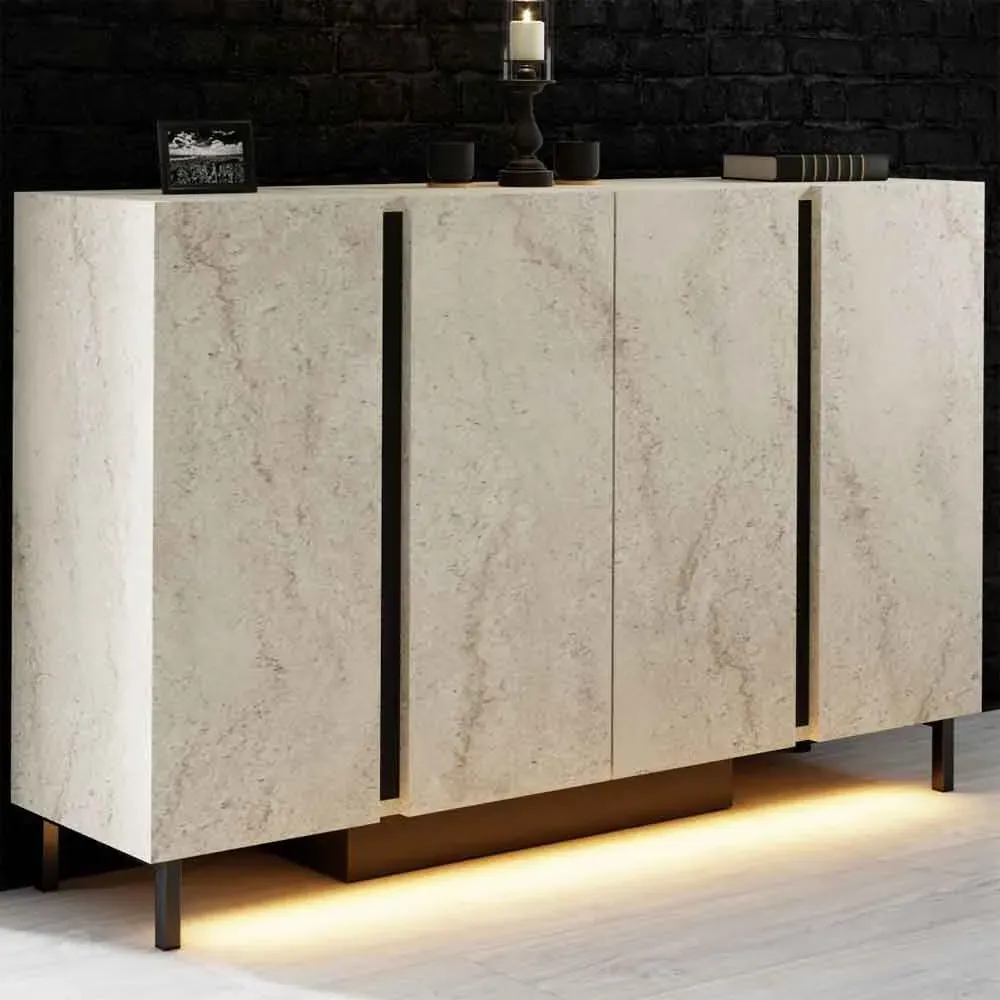 Paris LED Sideboard with 4 Doors - Travertine Marble Effect, Melamine product