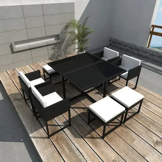 Pearl Rattan 9 Piece Outdoor Dining Set with Cushions - Black