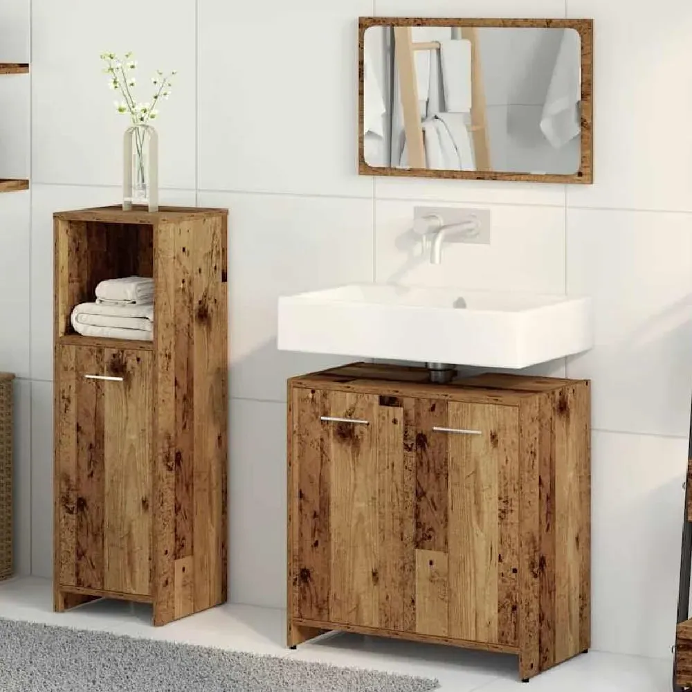 Pecos 3 Piece Bathroom Furniture Set with Mirror - Brown Oak