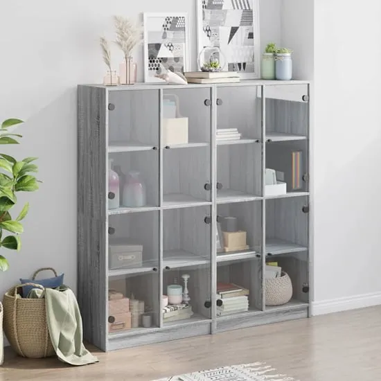 Penrith 16-Shelf Bookcase with Glass Doors - Grey