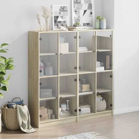 Penrith 16-Shelf Bookcase with Glass Doors - Sonoma Oak