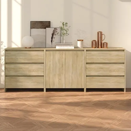 Pepa Wooden Sideboard with 2 Doors 6 Drawers - Sonoma Oak