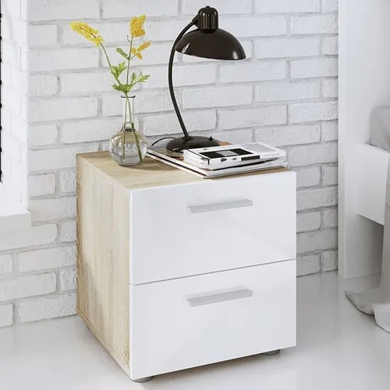 Perkin Bedside Cabinet with 2 Drawers - White Gloss, Oak