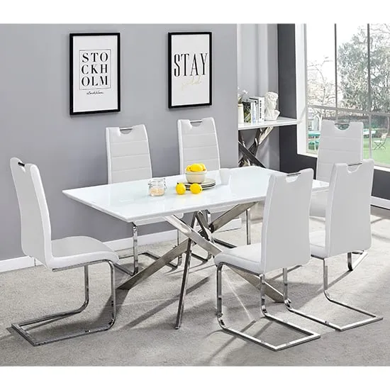 Petra Large Glass Dining Set with 6 White Chairs - White