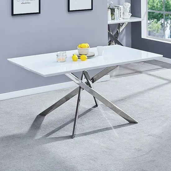 Petra Large Glass Top Dining Table - White, Chrome