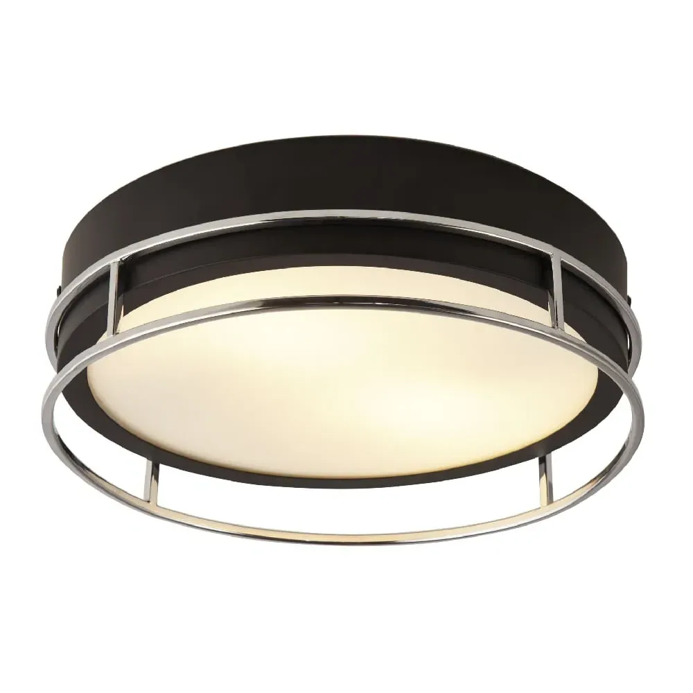 Phoenix 2 Light Flush Light - Black, Frosted Glass