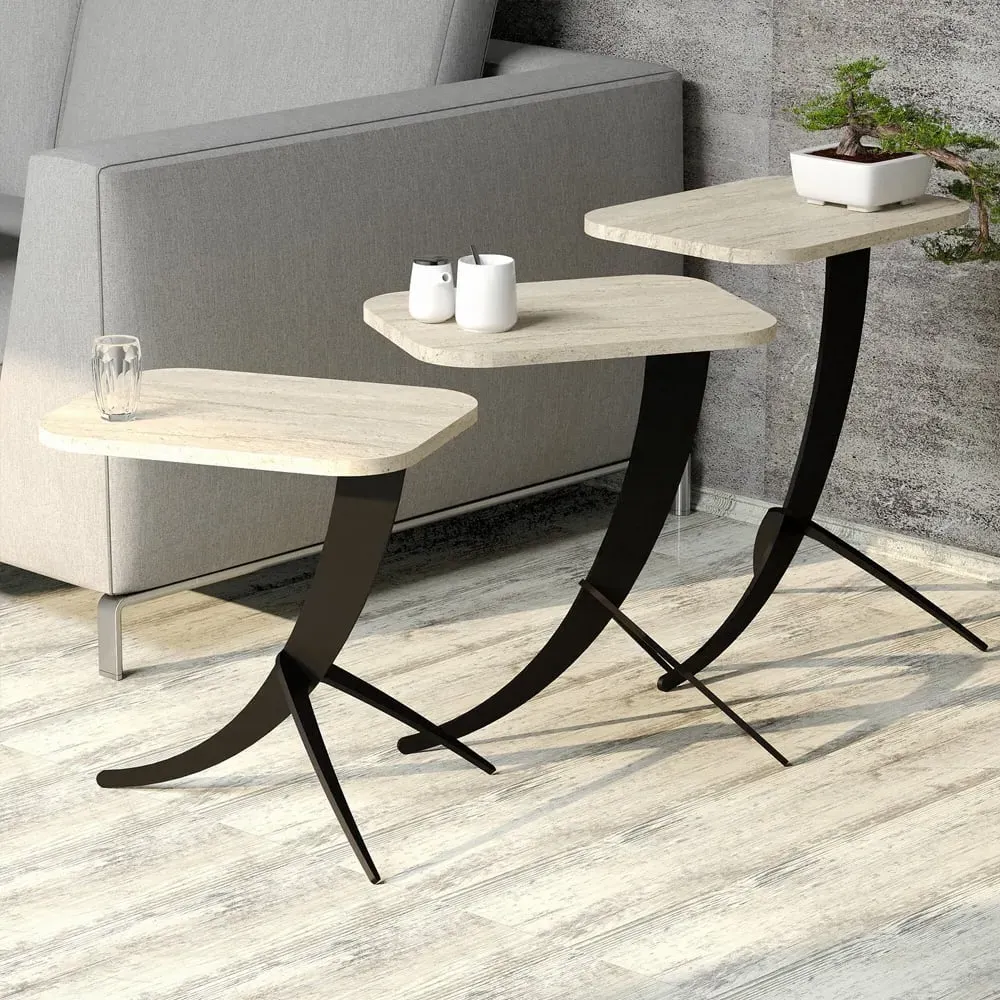 Pion Nesting Side Tables with Black Metal Legs - Travertine Marble Effect product