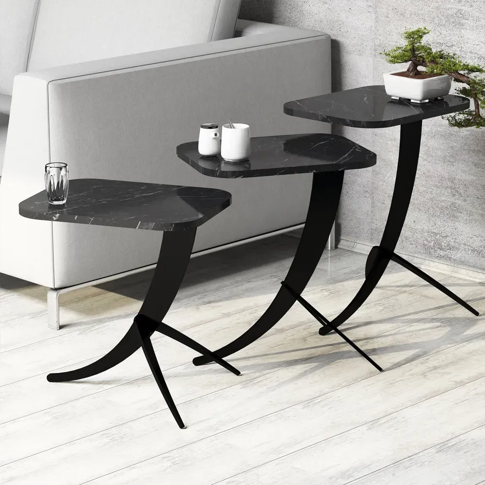 Pion Nesting Side Tables with Metal Legs - Black Marble Effect product