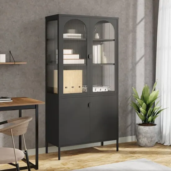 Piper Display Cabinet with 4 Doors - Black, Glass Steel