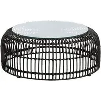 Ponoka Glass Top Outdoor Coffee Table with Rattan Base - Black