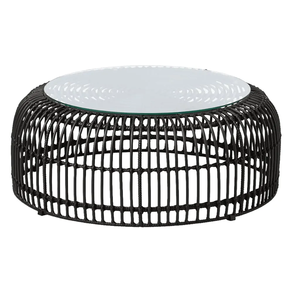 Ponoka Glass Top Outdoor Coffee Table with Rattan Base - Black