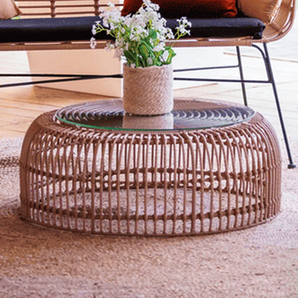 Ponoka Glass Top Outdoor Coffee Table with Rattan Base - Natural