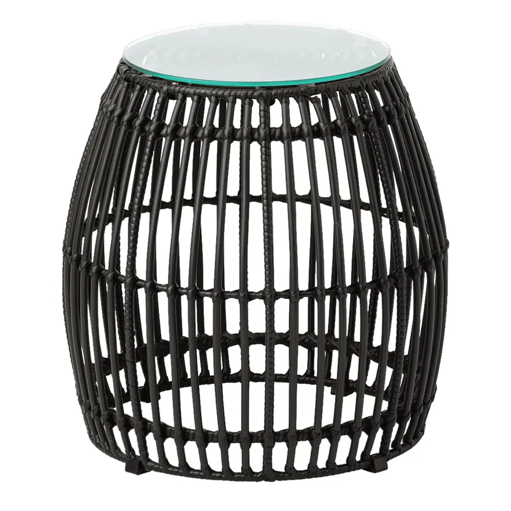 Ponoka Glass Top Outdoor Side Table with Rattan Base - Black image