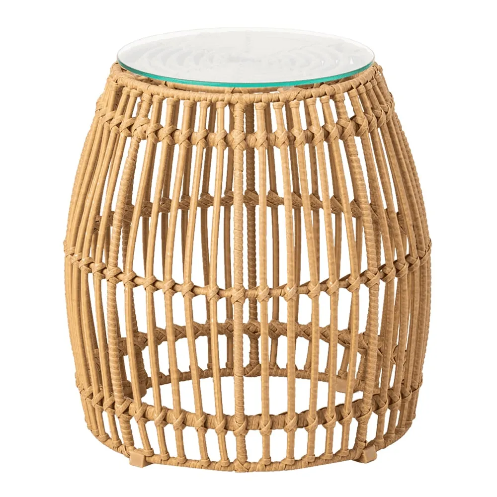 Ponoka Glass Top Outdoor Side Table with Rattan Base - Natural
