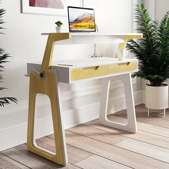 Poole High Gloss Laptop Desk with 2 Drawers - White, Oak image