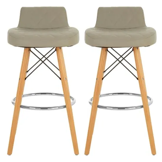 Porrima Bar Stools with Natural Legs - Grey, Faux Leather
