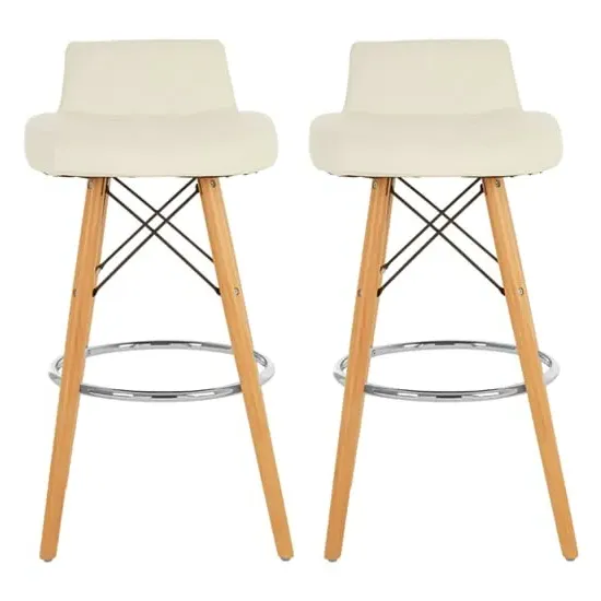 Porrima Bar Stools with Natural Legs - White, Faux Leather
