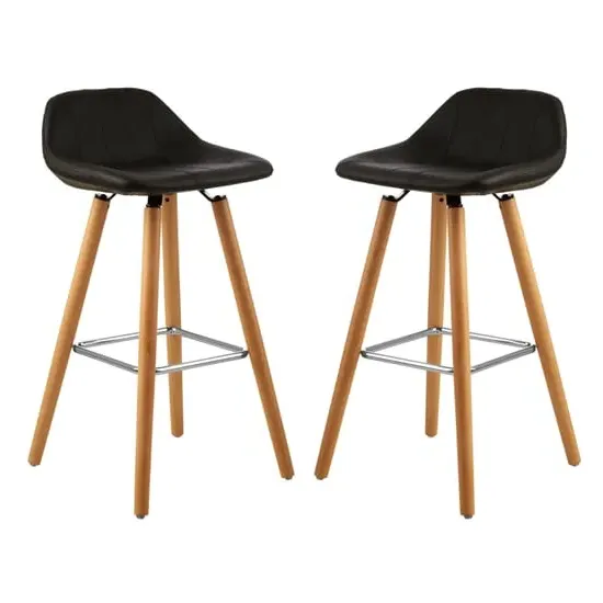 Porrima Bar Stools with Wooden Legs - Black, Faux Leather image
