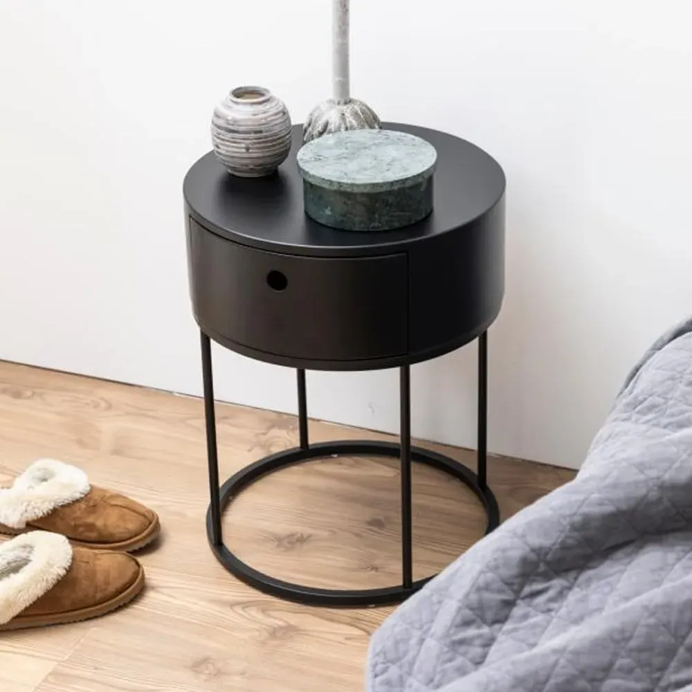 Portage Round Bedside Cabinet with Drawer - Matt Black image
