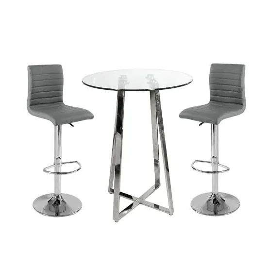 Poseur Round Bar Table with 2 Ripple Stools - Grey, Glass