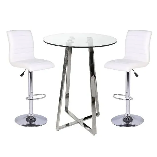 Poseur Round Bar Table with 2 Ripple Stools - White, Glass