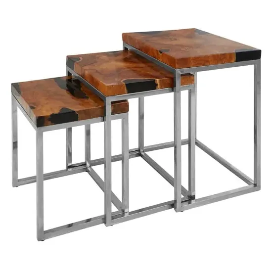 Praecipua Nest of 3 Tables with Steel Base - Natural, Teak image