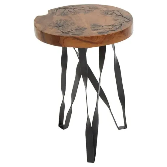 Praecipua Round Wooden Stool with Metal Legs - Brown, Teak image