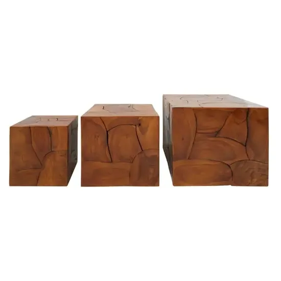 Praecipua Square Set of 3 Stools - Brown, Teak