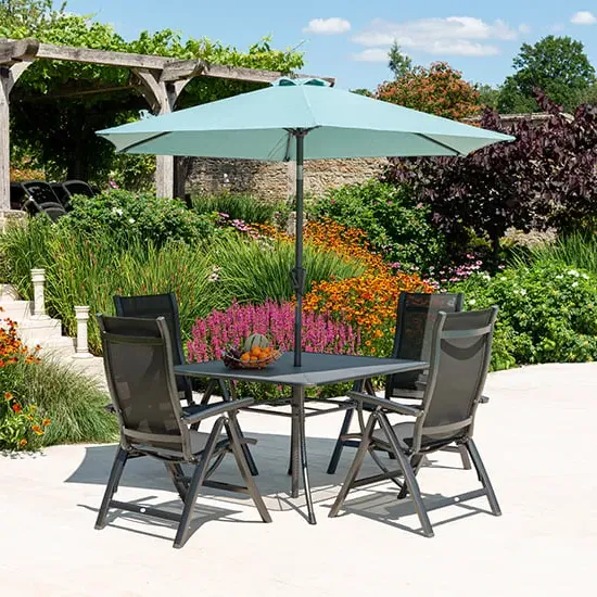 Prats Dining Set with 4 Recliners and Parasol - Blue