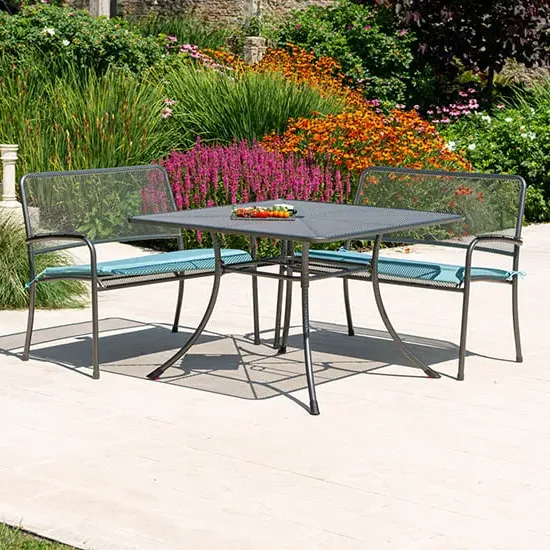 Prats Dining Table with 2 Benches - Blue, Metal