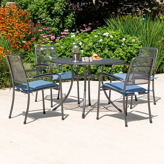 Prats Round Dining Set with 4 Armchairs - Blue, Metal