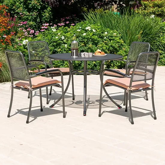 Prats Round Dining Set with 4 Armchairs - Ochre, Metal