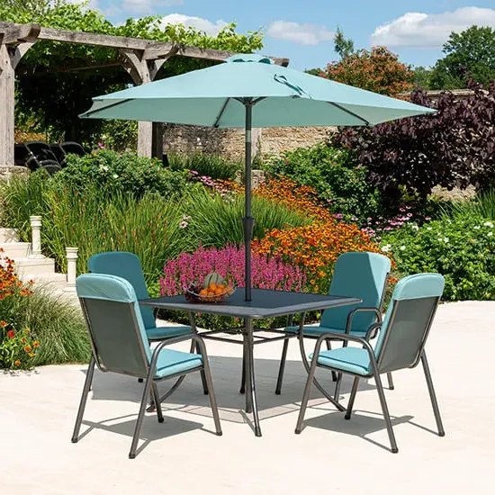 Prats Square Dining Set with Parasol - Jade, Metal