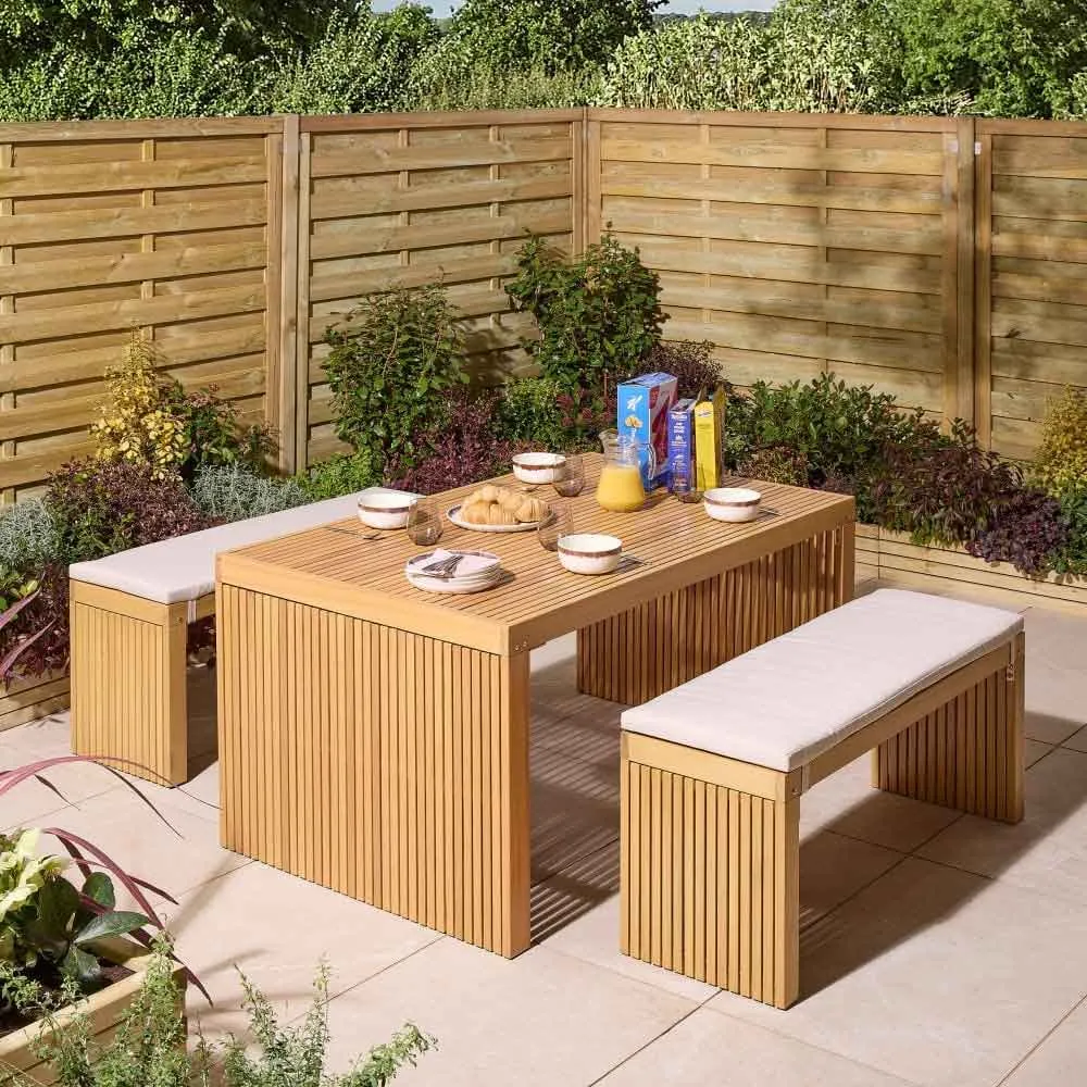 Prestige Garden Dining Table with 2 Benches & Cushions - Natural, Eucalyptus product