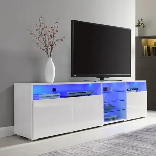 Prieto TV Stand Sideboard with LED Lights - White, High Gloss image