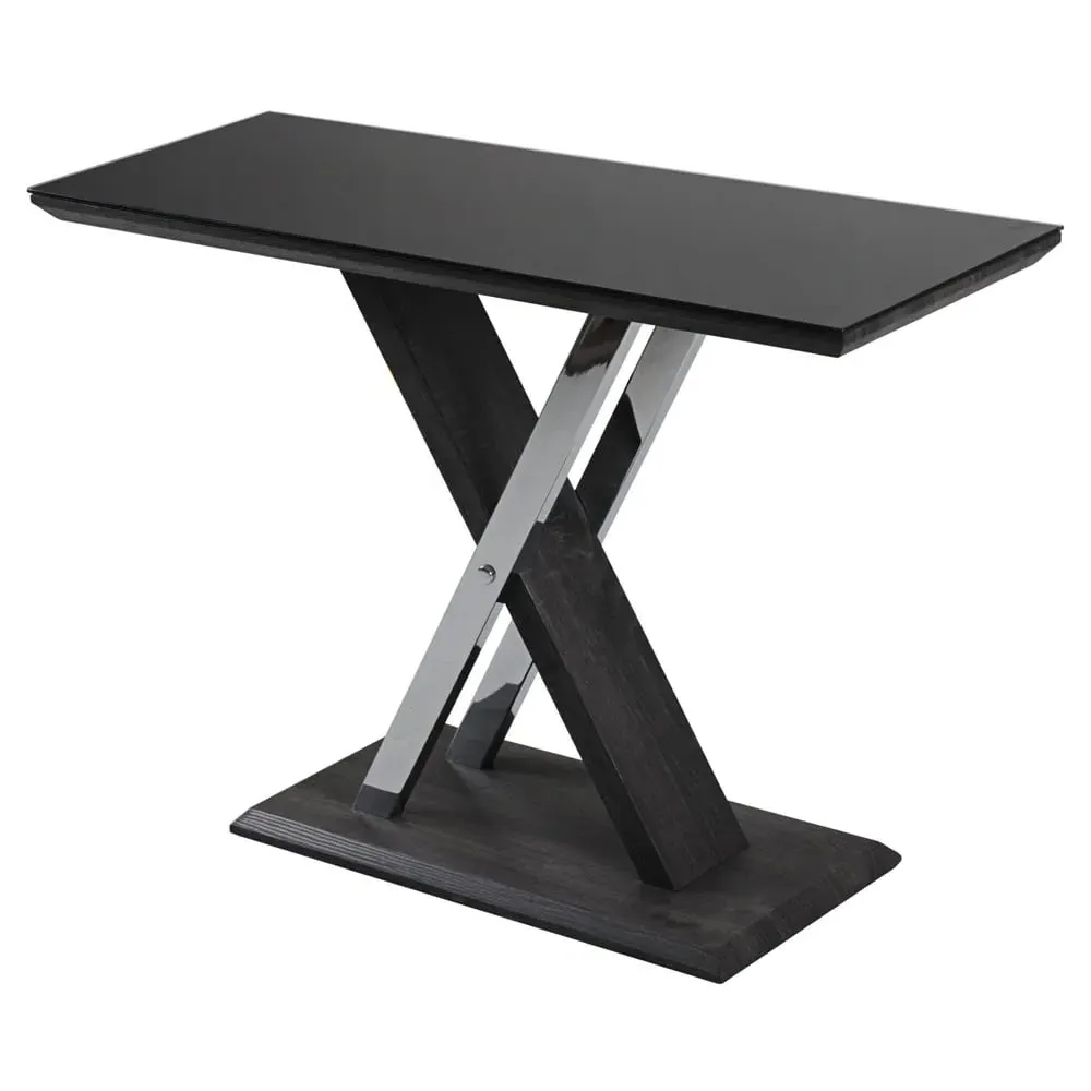 Prisca Console Table - Black Glass, Wood Chrome Base