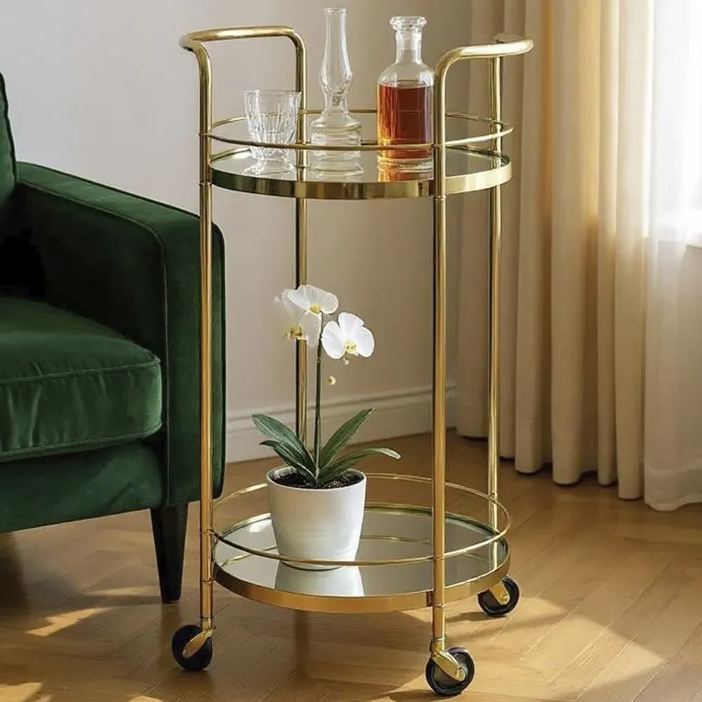 Pulaski 2-Tier Drinks Serving Trolley - Brass, Mirrored Glass image