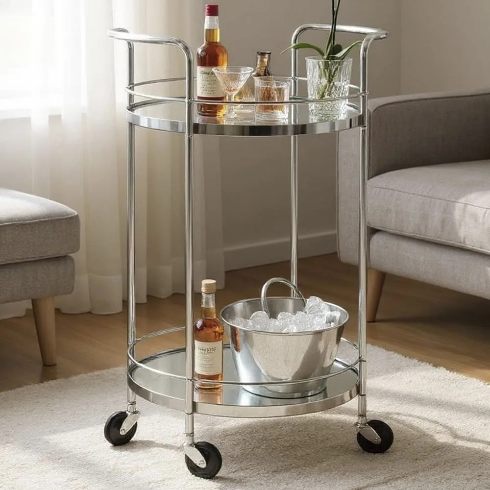 Pulaski 2-Tier Drinks Serving Trolley - Chrome, Mirrored Glass