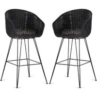 Puqi High Back Bar Stools In Pair - Black, Rattan