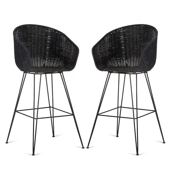 Puqi High Back Bar Stools In Pair - Black, Rattan image