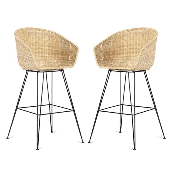 Puqi High Back Bar Stools In Pair - Natural, Rattan